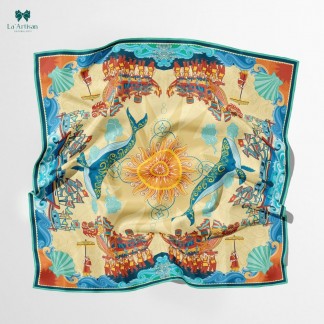 Khăn lụa vuông in hai mặt họa tiết Lễ Hội Cầu ngư 70x70cm